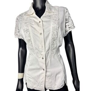 Lafei-Nier White Lace Accent Button Down Short Sleeve Blouse Top Large